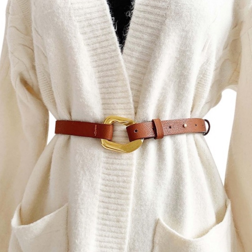 Cognac Brown Belt with Gold Buckle - Women Accessories
